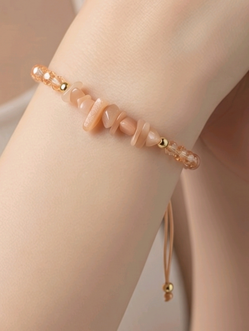 Peach Aventurine Sunstone Chip Bracelet Adjustable Gold Accent Natural Stone